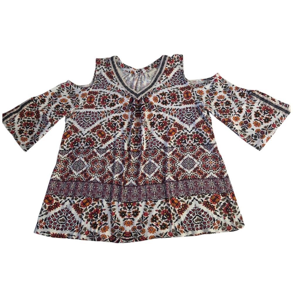 Style & Co Cold Shoulder Embroidered Trim Cotton Boho Chic Top Multicolor Size L